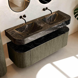 MONDIAZ THOR-DLUX 140cm meuble de salle de bains arrondi gauche + droite couleur Shadow avec 1 tiroir et 2 portes. Vasque suspendue CLOUD Double sans trou de robinet couleur Lava.