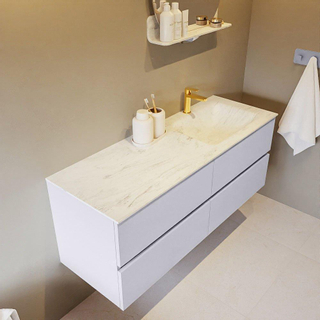 Mondiaz VICA-DLUX ensemble de meuble de salle de bain - 130cm - meuble sous-vasque cale - 4 tiroirs - lavabo encastré cloud droite - 1 trou de robinet - version haute de 60cm - opalo