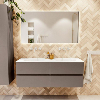 Mondiaz VICA ensemble de meuble de salle de bain - 130cm - meuble sous-vasque fumée - 4 tiroirs - lavabo lune double - sans trous de robinet - couleur talc - miroir LED - version XL 60cm de haut