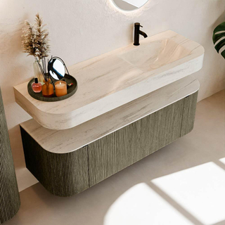 MONDIAZ THOR-DLUX 140cm meuble de salle de bains arrondi gauche + droite couleur Shadow avec 1 tiroir et 2 portes. Vasque suspendue CLOUD Droite 1 trou de robinet couleur Meli.