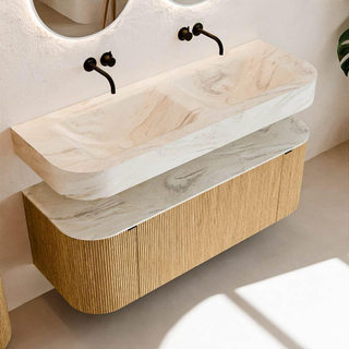 MONDIAZ THOR-DLUX 130cm meuble de salle de bains arrondi gauche + droite couleur Oak avec 1 tiroir et 2 portes. Vasque suspendue CLOUD Double sans trou de robinet couleur Ostra.