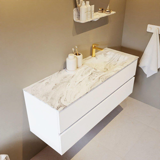 Mondiaz VICA-DLUX ensemble de meuble de salle de bain - 130cm - meuble sous-vasque talc - 2 tiroirs - lavabo encastré cloud droite - 1 trou de robinet - version haute de 60cm - glace