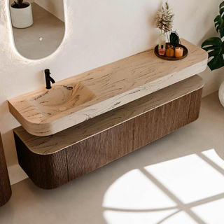 MONDIAZ THOR-DLUX 190cm meuble de salle de bains arrondi gauche + droite couleur Walnut avec 2 tiroirs et 2 portes. Vasque suspendue CLOUD gauche 1 trou de robinet couleur Arena.