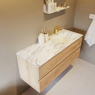 Mondiaz VICA-DLUX ensemble de meuble de salle de bain - 120cm - meuble sous-vasque chêne blanchi - 2 tiroirs - lavabo encastré cloud droite - 1 trou de robinet - version haute de 60cm - glace