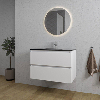 Adema Chaci Meuble salle de bain - 80x46x55cm - 1 vasque en céramique noire - 1 trou de robinet - 2 tiroirs - miroir rond avec éclairage - blanc mat