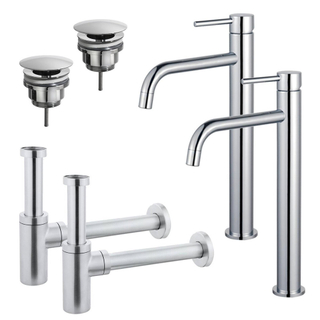 Fortifura Calvi Kit robinet lavabo - pour double vasque - robinet rehaussé - bonde non-obturable - siphon design - Chrome brillant