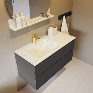 Mondiaz VICA-DLUX ensemble de meuble de salle de bain - 100cm - meuble sous-vasque gris foncé - 2 tiroirs - lavabo encastré cloud gauche - 1 trou de robinet - version haute de 60cm - opalo