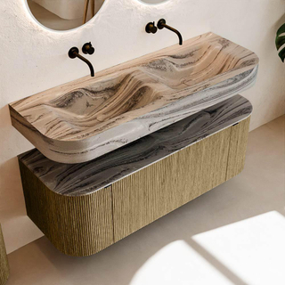 MONDIAZ THOR-DLUX 130cm meuble de salle de bains arrondi gauche + droite couleur Dusk avec 1 tiroir et 2 portes. Vasque suspendue CLOUD Double sans trou de robinet couleur Sombra.