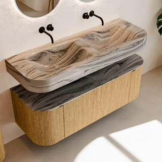 MONDIAZ THOR-DLUX 130cm meuble de salle de bains arrondi gauche + droite couleur Oak avec 1 tiroir et 2 portes. Vasque suspendue CLOUD Double sans trou de robinet couleur Sombra.