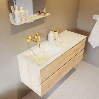 Mondiaz VICA-DLUX ensemble de meuble de salle de bain - 120cm - meuble sous-vasque chêne blanchi - 2 tiroirs - lavabo encastré cloud gauche - sans trous de robinet - version haute de 60cm - opalo