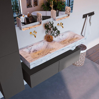 Mondiaz ALAN-DLUX Ensemble de meuble - 130cm - meuble Dark grey mat - 2 tiroirs - Lavabo Cloud Glace suspendu - vasque Gauche et droite - 0 trous de robinet