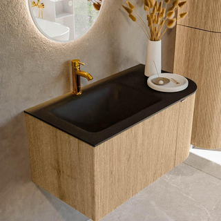 MONDIAZ KURVE 85cm badmeubel met module 25 R kleur Oak met 1 lade en 1 deur. Wastafel CLOUD links 1 kraangat Urban.