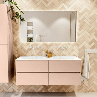 Mondiaz VICA ensemble de meuble de salle de bain - 130cm - meuble sous-vasque rosee - 4 tiroirs - lavabo moon double - sans trous de robinet - version haute de 60cm - talc