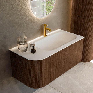 MONDIAZ KURVE 95cm badmeubel met module 25 L kleur Walnut met 1 lade en 1 deur. Wastafel BIG SMALL rechts 1 kraangat Talc.