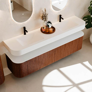 MONDIAZ THOR 190cm meuble de salle de bains arrondi gauche + droite couleur Ruby avec 2 tiroirs et 2 portes. Vasque suspendue CLOUD Double 2 trous de robinet couleur Talc.