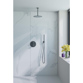 Fortifura Calvi Ensemble de douche à encastrer - rond - thermostatique - bras plafond - douche principale de 25 cm - douchette à main - flexible de douche en métal - Gunmetal PVD brossé