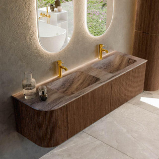 MONDIAZ KURVE-DLUX 155cm badmeubel ronding Links kleur Walnut met 2 lades en 1 deur. Wastafel LEAF Dubbel / Rechts 2 kraangaten Oza.