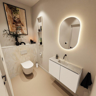 MONDIAZ TURE-DLUX Meuble toilette - 80cm - Talc - EDEN - vasque Ostra - position centrale - sans trou de robinet