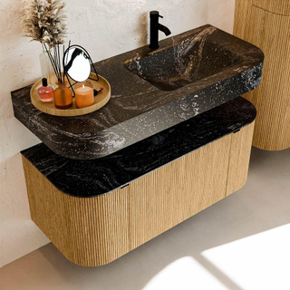 MONDIAZ THOR-DLUX 110cm meuble de salle de bains arrondi gauche + droite couleur Oak avec 1 tiroir et 2 portes. Vasque suspendue CLOUD Droite 1 trou de robinet couleur Lava.