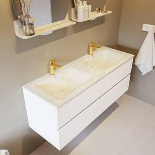 Mondiaz VICA-DLUX ensemble de meuble de salle de bain - 130cm - meuble sous-vasque talc - 4 tiroirs - lavabo encastré cloud double - 2 trous de robinet - version haute de 60cm - opalo