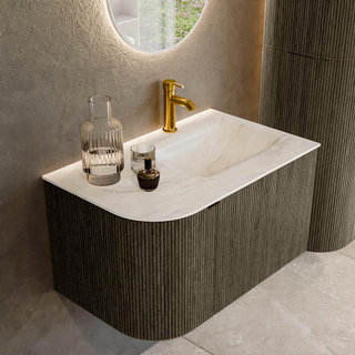 Mondiaz KURVE-DLUX Ensemble de meuble salle de bain - 75x46x40cm - 1 tiroir - 1 porte - lavabo en solid surface - droite - 1 trou de robinet - Shadow