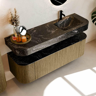 MONDIAZ THOR-DLUX 150cm meuble de salle de bains arrondi gauche + droite couleur Dusk avec 1 tiroir et 2 portes. Vasque suspendue CLOUD Droite 1 trou de robinet couleur Lava.