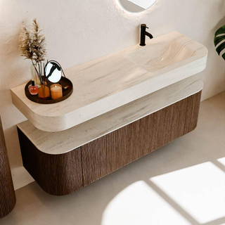 MONDIAZ THOR-DLUX 150cm badmeubel ronding links + rechts kleur Walnut met 1 lade en 2 deuren. Vrijhangende wastafel CLOUD Rechts 1 kraangat kleur Meli.