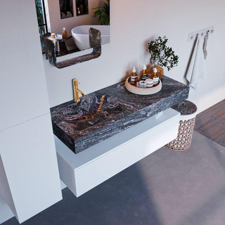 Mondiaz ALAN-DLUX Ensemble de meuble - 120cm - meuble - Talc mat - 1 tiroir - Lavabo Cloud Lava suspendu - vasque gauche - 1 trou de robinet - Noir