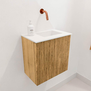 Mondiaz JOYA 40cm toiletmeubel - kleur Oak - Wastafel FAYE positie Rechts Zonder kraangat kleur Talc.