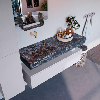 Mondiaz ALAN-DLUX Ensemble de meuble - 130cm - meuble Cale mat - 1 tiroir - Lavabo Cloud Lava suspendu - vasque Gauche - 0 trous de robinet
