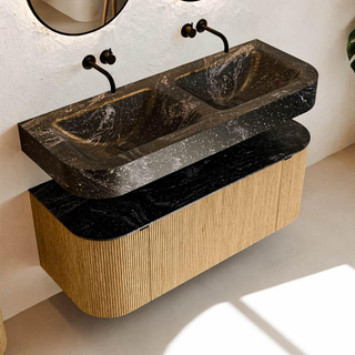 MONDIAZ THOR-DLUX 120cm badmeubel ronding links + rechts kleur Oak met 1 lade en 2 deuren. Vrijhangende wastafel CLOUD Dubbel zonder kraangat kleur Lava.