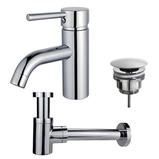 FortiFura Calvi Kit mitigeur lavabo - robinet bas - bonde non-obturable - siphon design bas - Chrome brillant