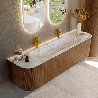 MONDIAZ KURVE-DLUX 170cm Meuble salle de bain avec module 25 G et D - couleur Walnut - 1 tiroir - 2 portes - vasque BIG LARGE centre - 2 trous de robinet - couleur Glace