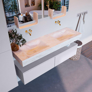 Mondiaz ALAN-DLUX Ensemble de meuble - 150cm - meuble Cale mat - 2 tiroirs - Lavabo Cloud Ostra suspendu - vasque Gauche et droite - 0 trous de robinet