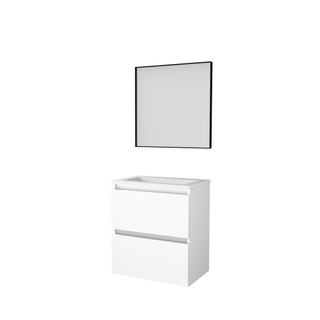 Basic-Line Framed 39 badkamermeubelset - 60x39cm - greeploos - 2 lades - acryl wastafel - 0 kraangaten - Spiegel - mat zwart aluminium frame - rondom - MDF lak Ice White