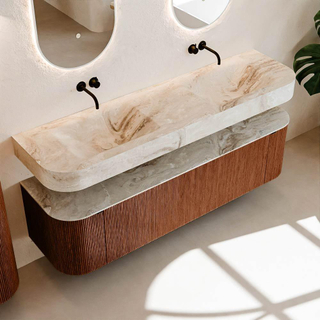 MONDIAZ THOR-DLUX Meuble de salle de bains 170cm arrondi gauche + droite couleur Ruby avec 1 tiroir et 2 portes. Vasque suspendue CLOUD Double sans trou de robinet couleur Frappe.