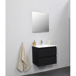 Basic Bella Meuble lavabo céramique avec 1 trou de robinet avec miroir avec éclairage 60x55x46cm Flat Pack Noir mat