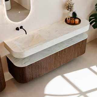 MONDIAZ THOR-DLUX Meuble de salle de bains - 170cm - arrondi gauche + droite - couleur Walnut - 1 tiroir et 2 portes - Vasque suspendue CLOUD Gauche sans trou de robinet - couleur Opalo