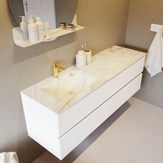 Mondiaz VICA-DLUX ensemble de meuble de salle de bain - 150cm - meuble sous-vasque talc - 4 tiroirs - lavabo encastré cloud gauche - 1 trou de robinet - version haute de 60cm - frape