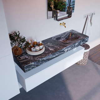 Mondiaz ALAN-DLUX Ensemble de meuble - 150cm - meuble Talc mat - 1 tiroir - Lavabo Cloud Lava suspendu - vasque Droite - 0 trous de robinet
