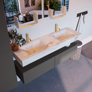 Mondiaz ALAN-DLUX Ensemble de meuble - 150cm - meuble Dark grey mat - 2 tiroirs - Lavabo Cloud Frappe suspendu - vasque Gauche et droite - 2 trous de robinet