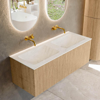 MONDIAZ KURVE-DLUX 120cm Meuble salle de bain - couleur Oak - 1 tiroir - vasque LEAF double - sans trou de robinet - couleur Opalo