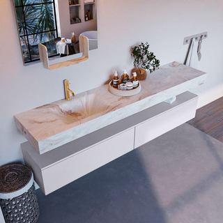 Mondiaz ALAN-DLUX Ensemble de meuble - 200cm - meuble Cale mat - 2 tiroirs - Lavabo Cloud Frappe suspendu - vasque Gauche - 1 trou de robinet