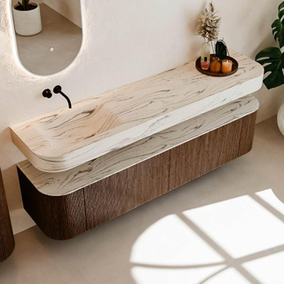 MONDIAZ THOR-DLUX 190cm meuble de salle de bains arrondi gauche + droite couleur Walnut avec 2 tiroirs et 2 portes. Vasque suspendue CLOUD Gauche sans trou de robinet couleur Nata.