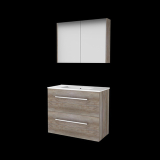 Basic-Line Comfort 39 ensemble de meubles de salle de bain 80x39cm avec poignées 2 tiroirs lavabo en porcelaine 1 trou de robinetterie armoire de toilette mfc scotch oak