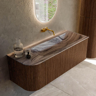 MONDIAZ KURVE-DLUX 125cm badmeubel ronding Links kleur Walnut met 1 lade en 1 deur. Wastafel BIG MEDIUM Rechts zonder kraangat Sombra.