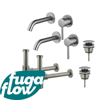 FugaFlow Eccelente Sobrado Badkamer Wastafelkraanset - voor dubbele wastafel - inbouw wastafelkraan - klikwaste plug - design sifon - PVD Geborsteld RVS -