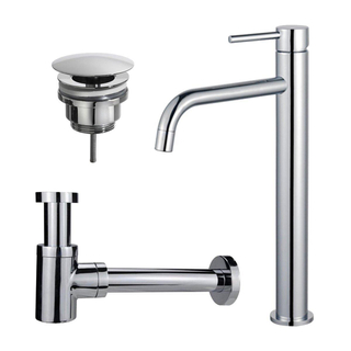 FortiFura Calvi Slim Kit mitigeur lavabo - robinet rehaussé - bonde non-obturable - siphon design bas - Chrome brillant