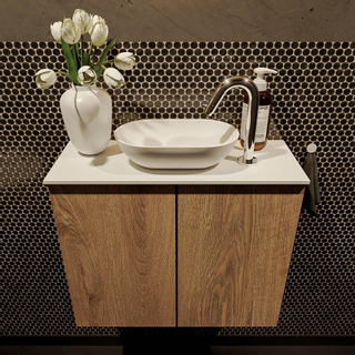 Mondiaz fowy meuble toilette 60x50x23cm chêne lavé mat 1 trou pour robinetterie évier : central 2 portes solid surface avec plan mélaminé couleur évier : blanc