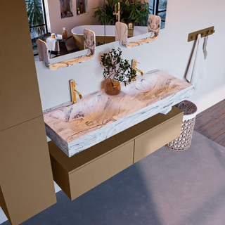 Mondiaz ALAN-DLUX Ensemble de meuble - 130cm - meuble Oro mat - 2 tiroirs - Lavabo Cloud Glace suspendu - vasque Gauche et droite - 2 trous de robinet